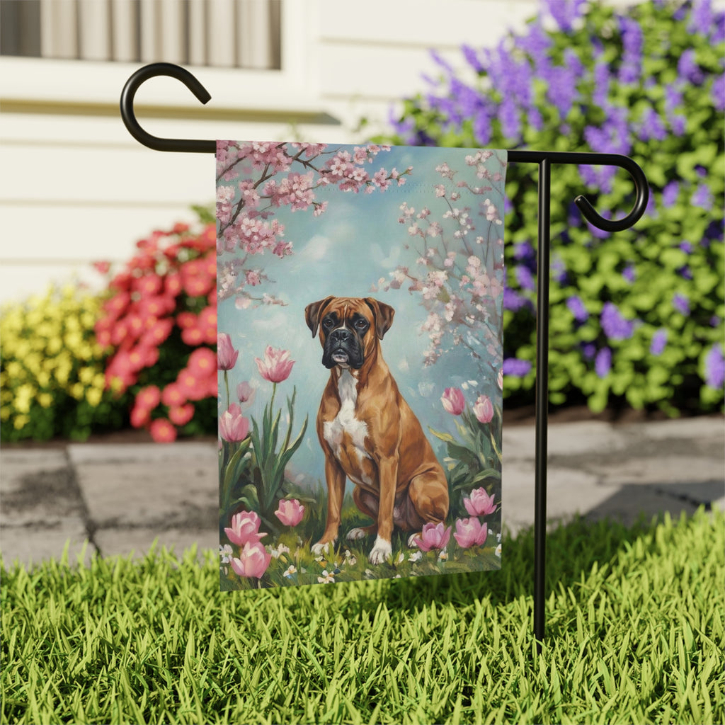 Boxer In Tulips Spring Garden Flag
