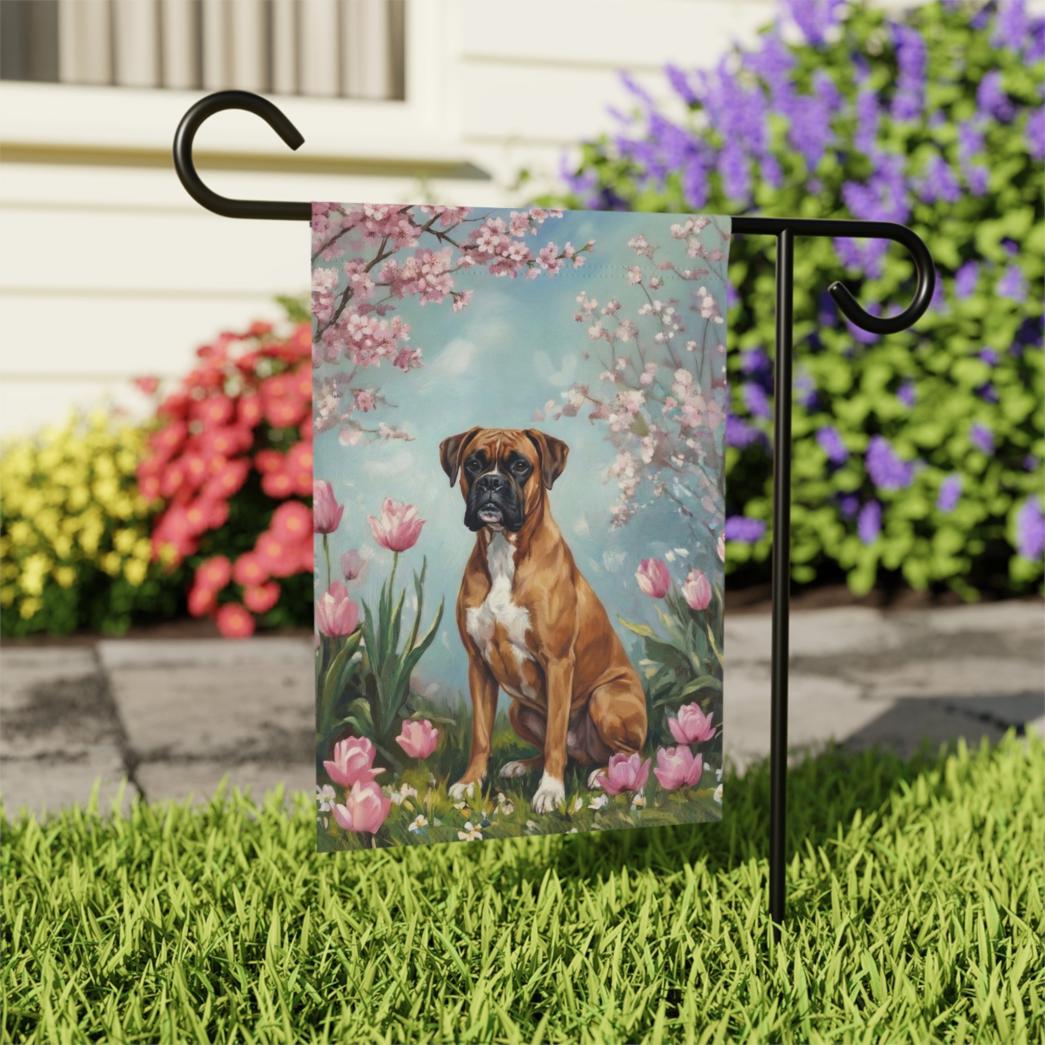 Boxer In Tulips Spring Garden Flag