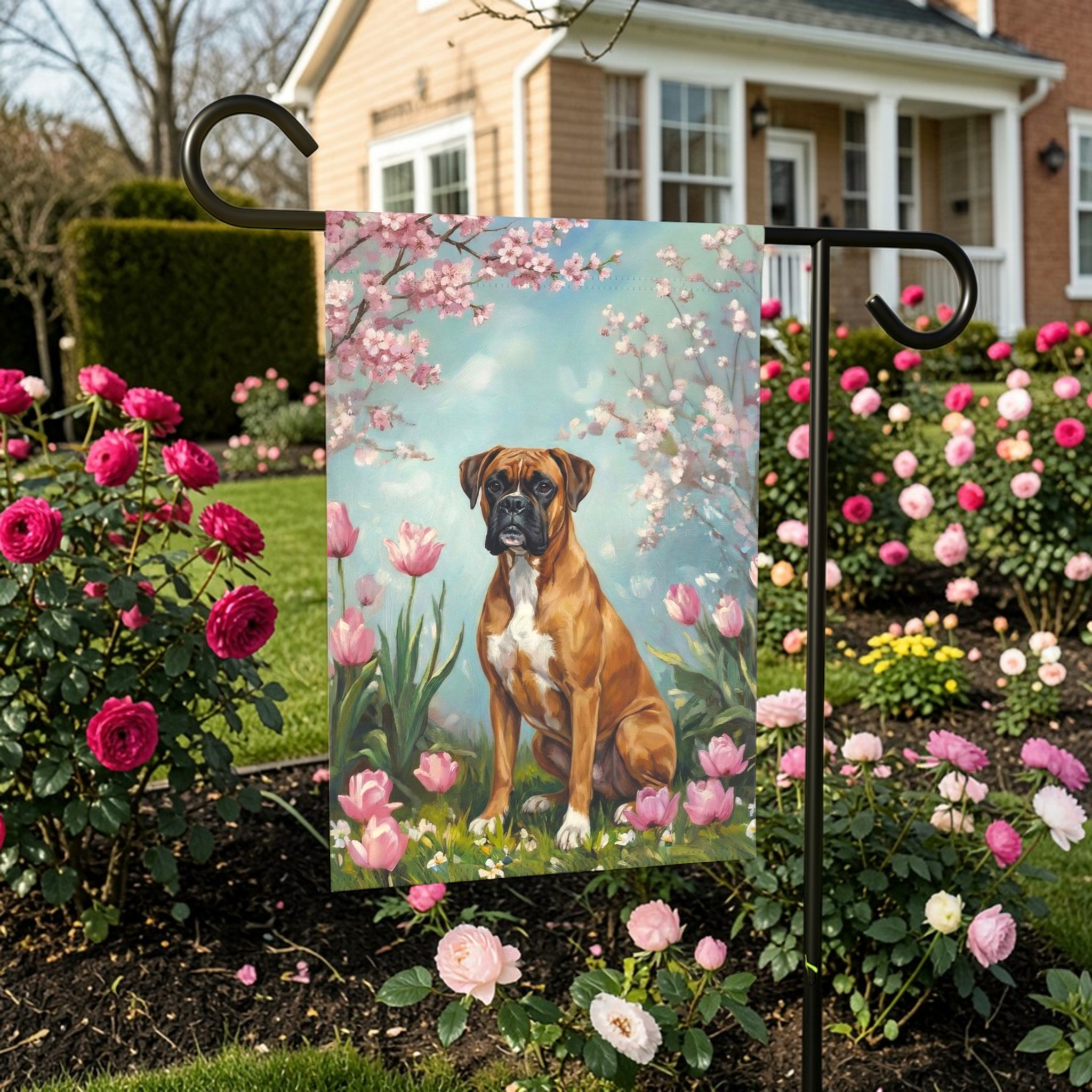 Boxer In Tulips Spring Garden Flag