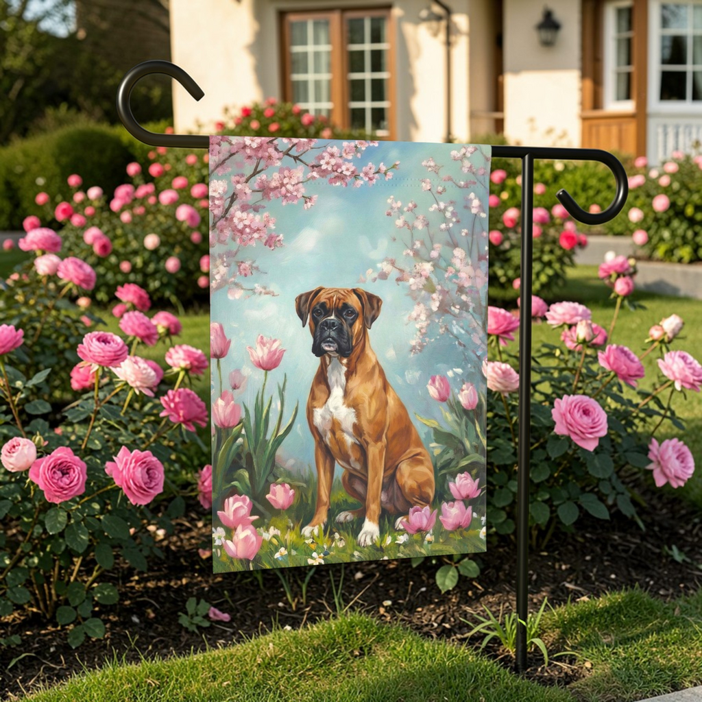 Boxer In Tulips Spring Garden Flag