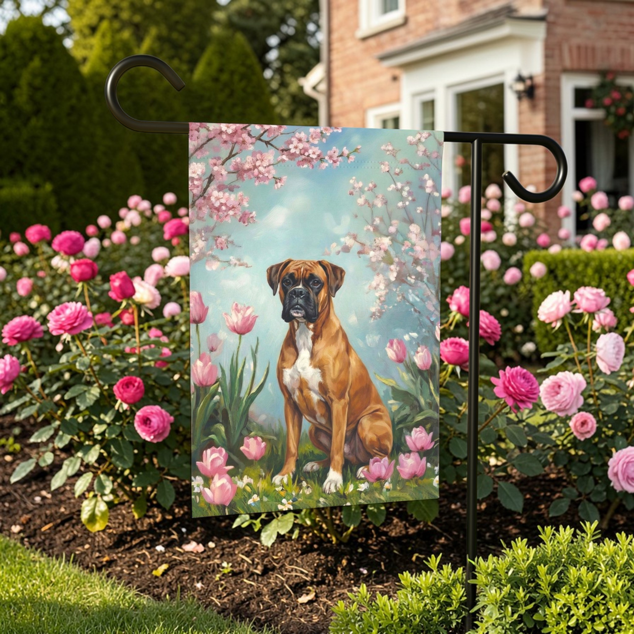Boxer In Tulips Spring Garden Flag
