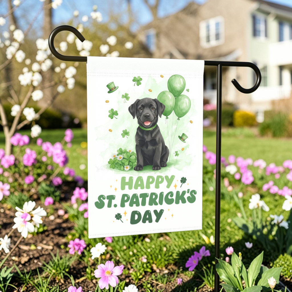 Black Labrador Retriever Puppy St. Patrick's Day Garden Flag - front view - Dragonfire Gardens