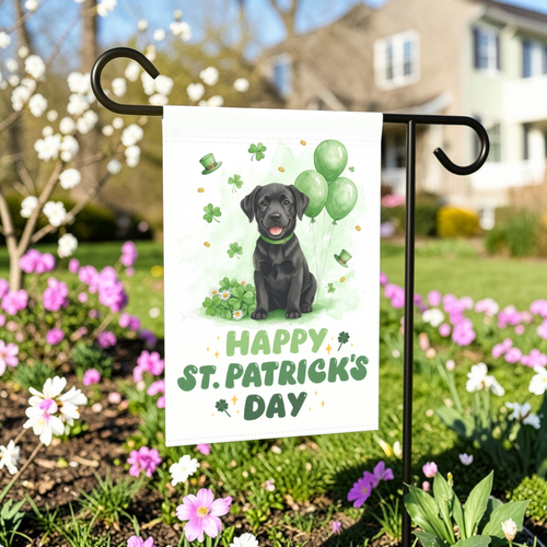 Black Labrador Retriever Puppy St. Patrick's Day Garden Flag - front view - Dragonfire Gardens