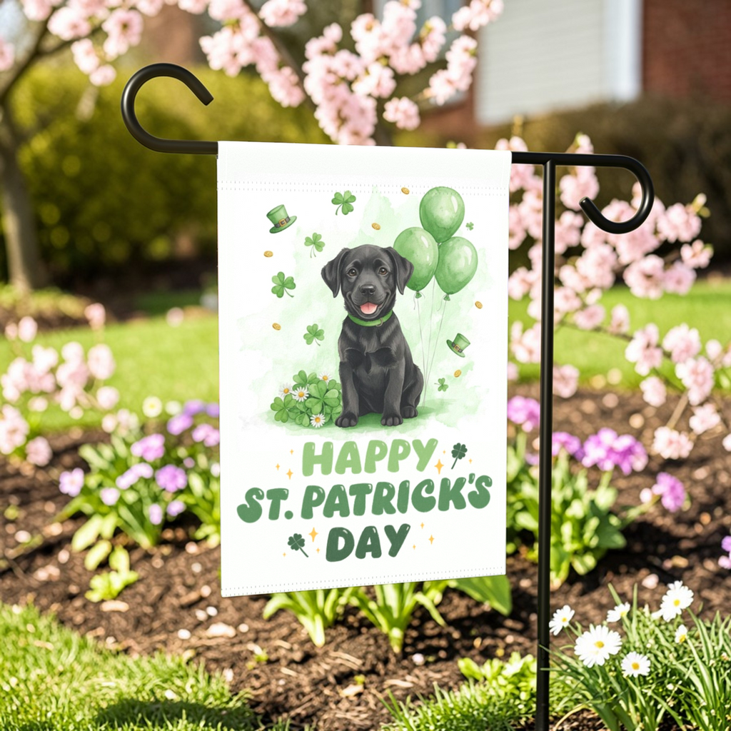 Black Labrador Retriever Puppy St. Patrick's Day Garden Flag - size comparison - Dragonfire Gardens