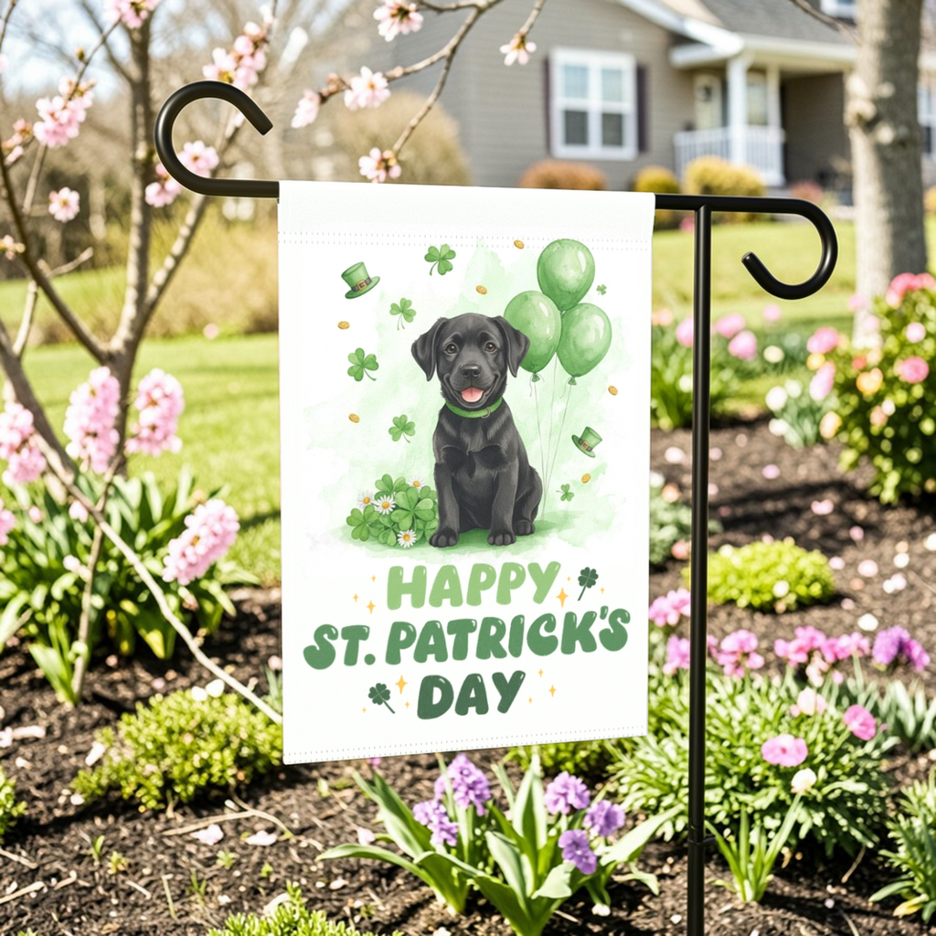 Black Labrador Retriever Puppy St. Patrick's Day Garden Flag - lifestyle display - Dragonfire Gardens