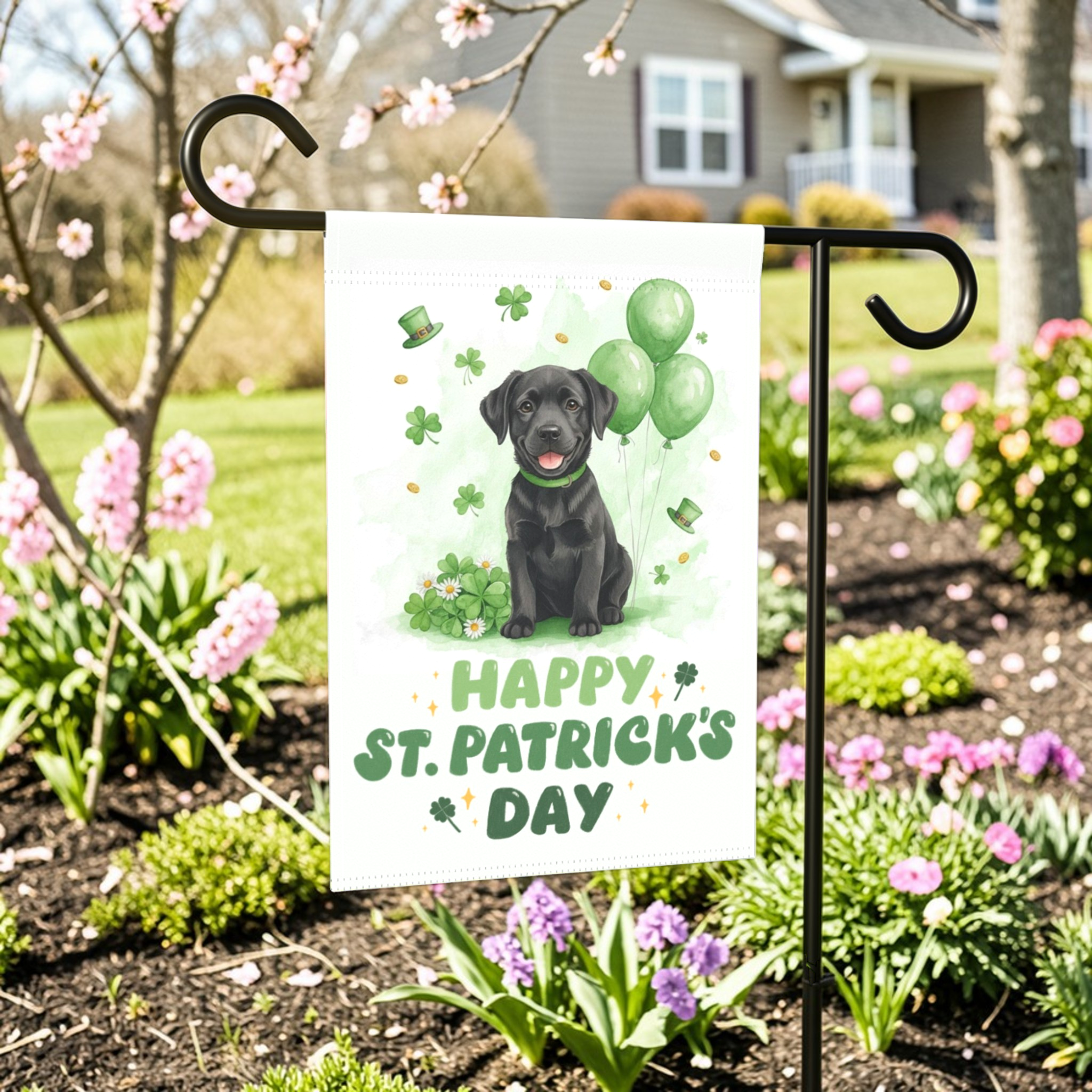 Black Labrador Retriever Puppy St. Patrick's Day Garden Flag - lifestyle display - Dragonfire Gardens