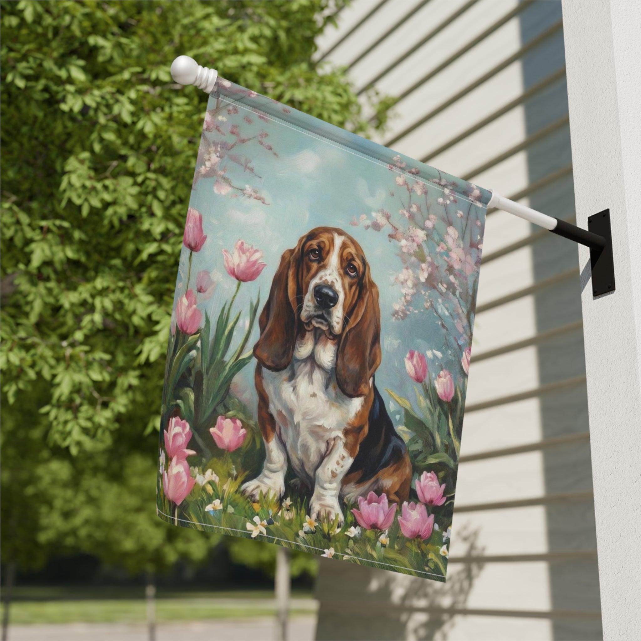 Basset Hound In Tulips Spring Garden Flag