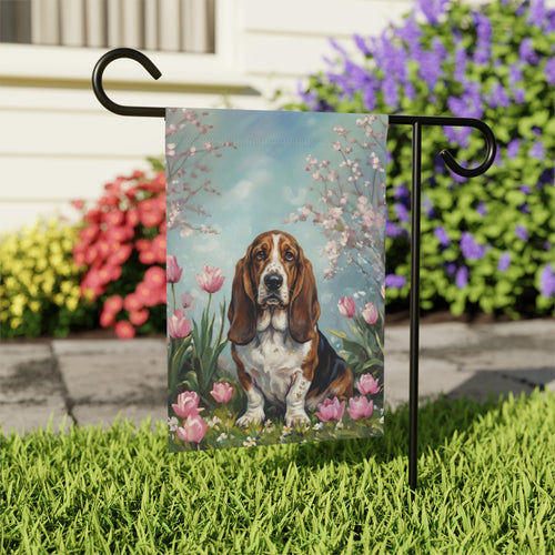 Basset Hound In Tulips Spring Garden Flag - outdoor display - Dragonfire Gardens