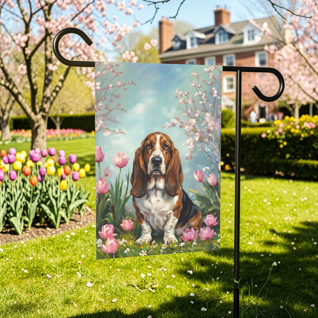 Basset Hound In Tulips Spring Garden Flag