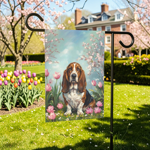 Basset Hound In Tulips Spring Garden Flag - front view - Dragonfire Gardens