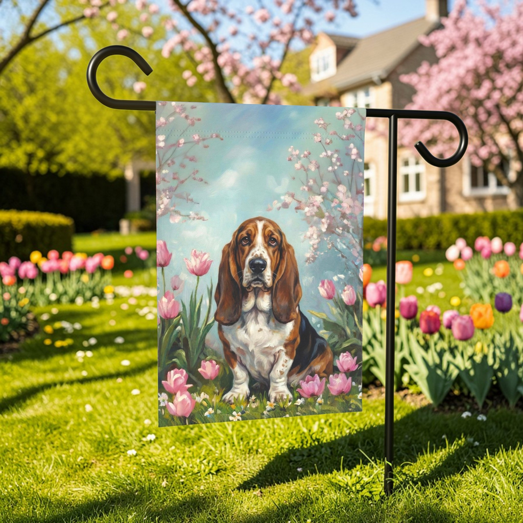 Basset Hound In Tulips Spring Garden Flag