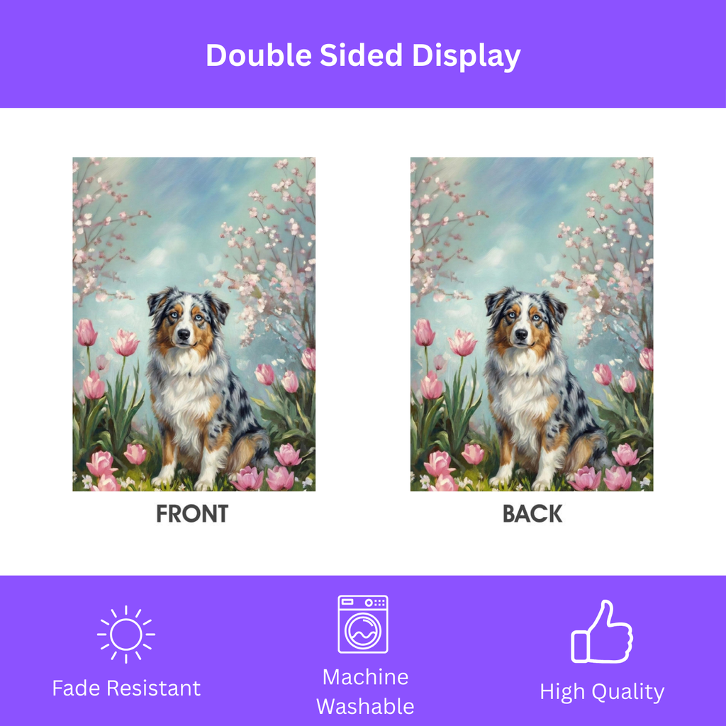 Australian Shepherd In Tulips Garden Flag
