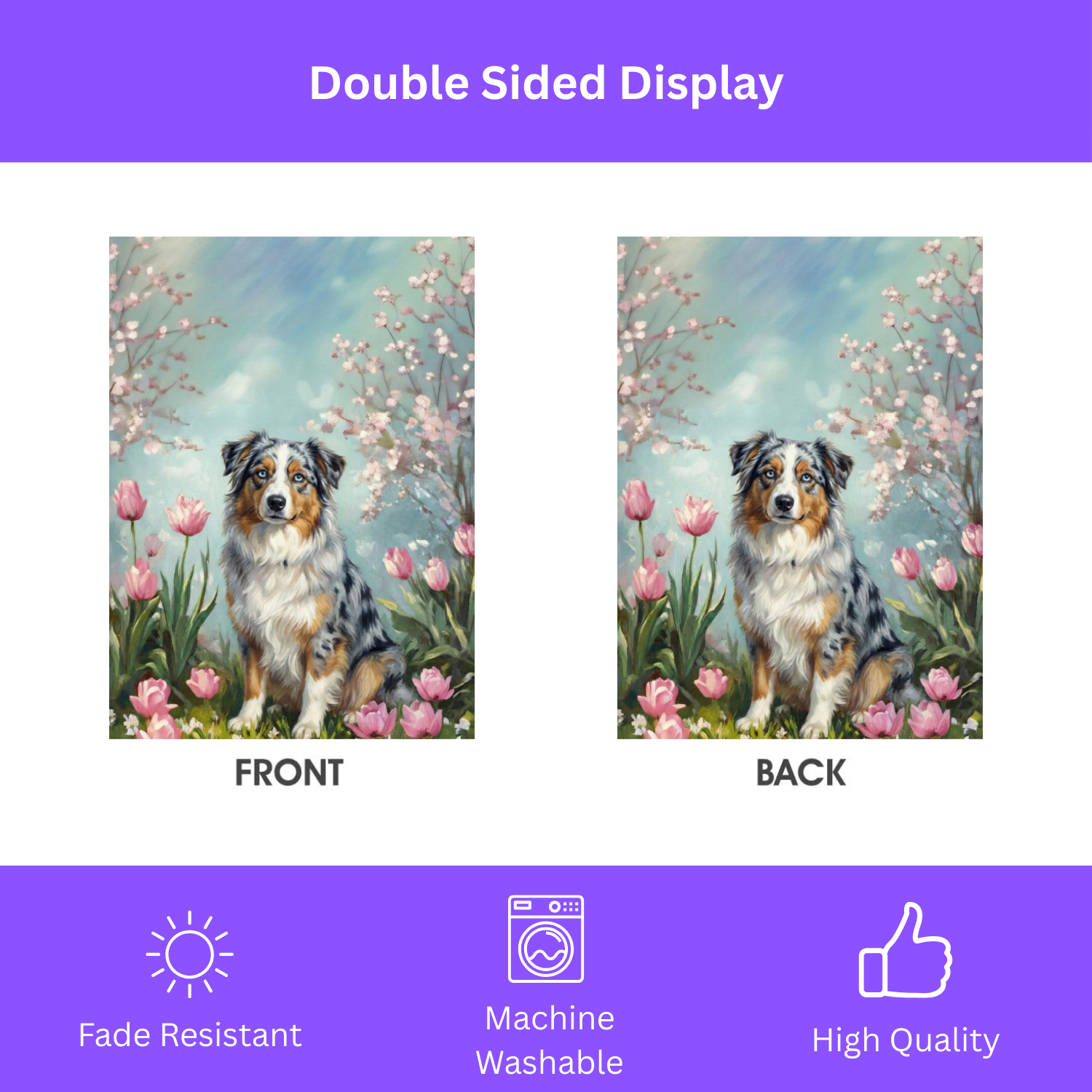 Australian Shepherd In Tulips Garden Flag