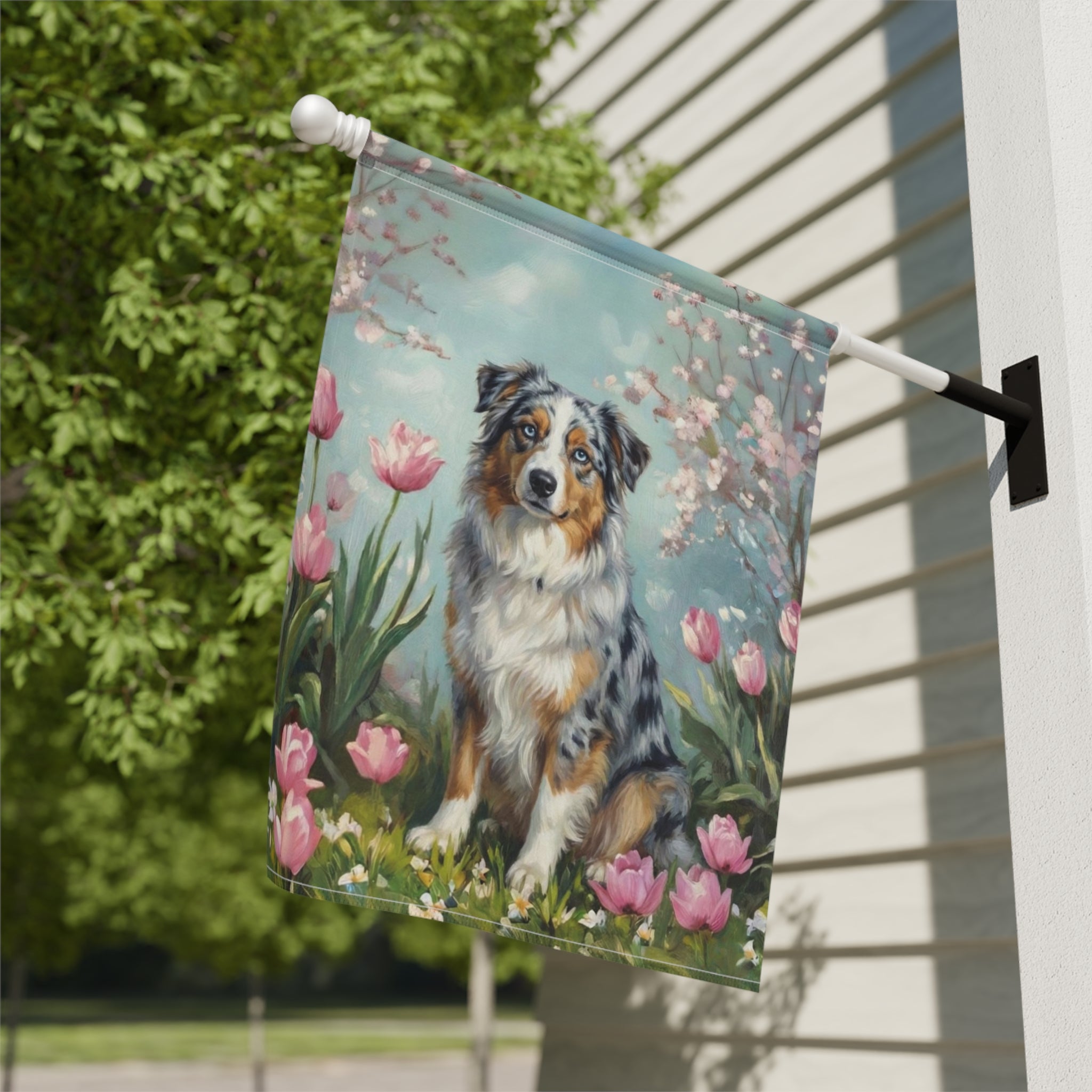 Australian Shepherd In Tulips Garden Flag
