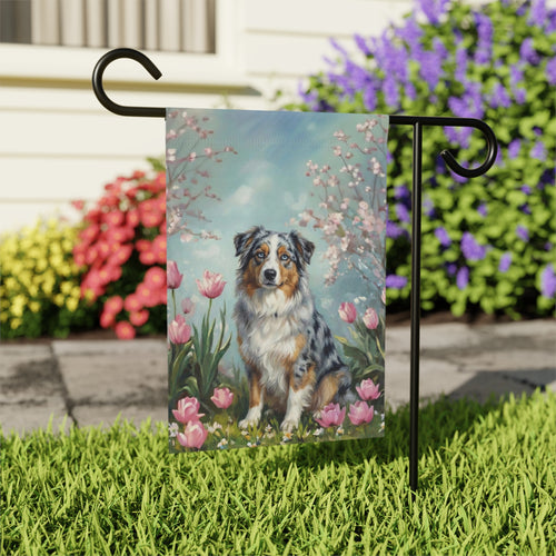 Australian Shepherd In Tulips Garden Flag - outdoor display - Dragonfire Gardens