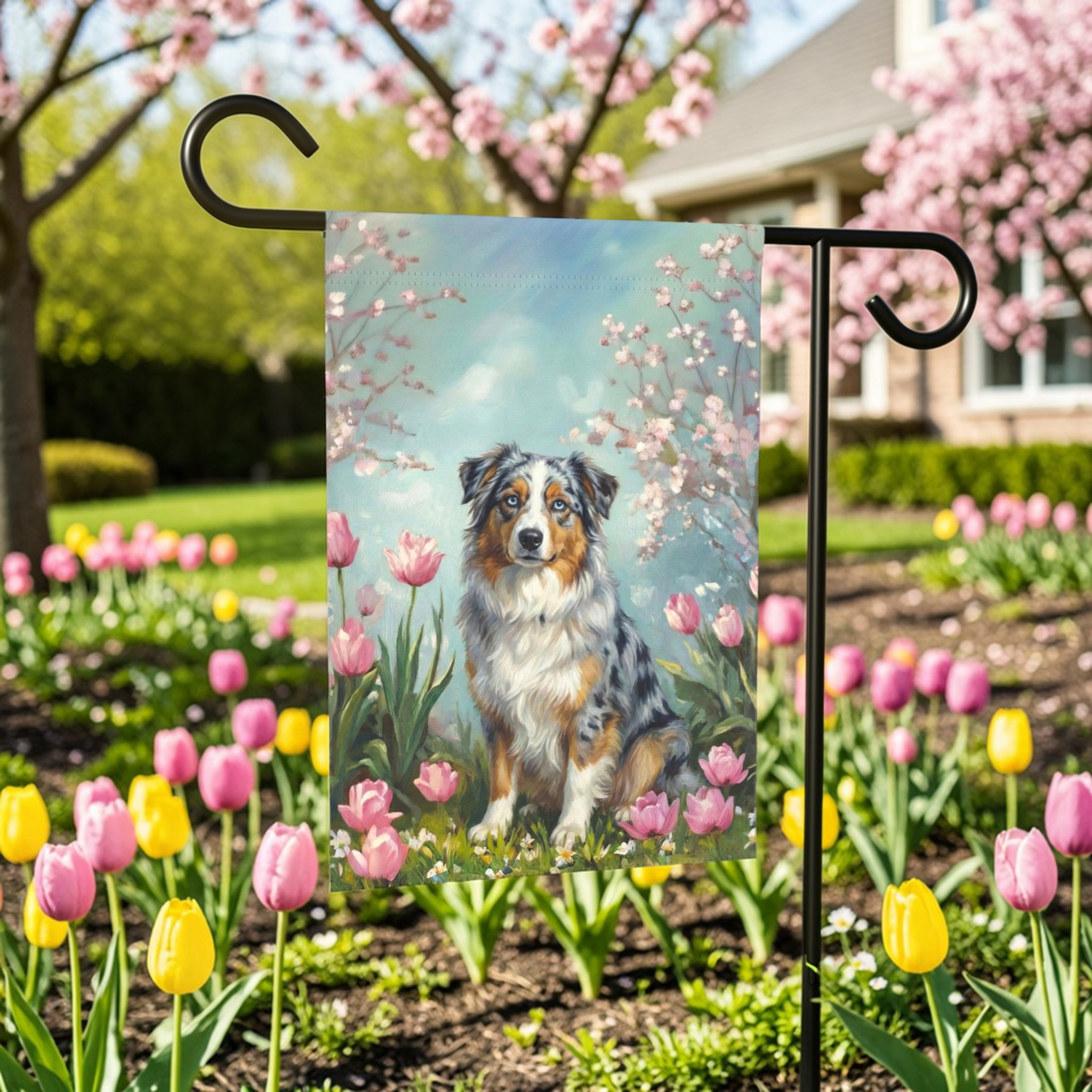 Australian Shepherd In Tulips Garden Flag