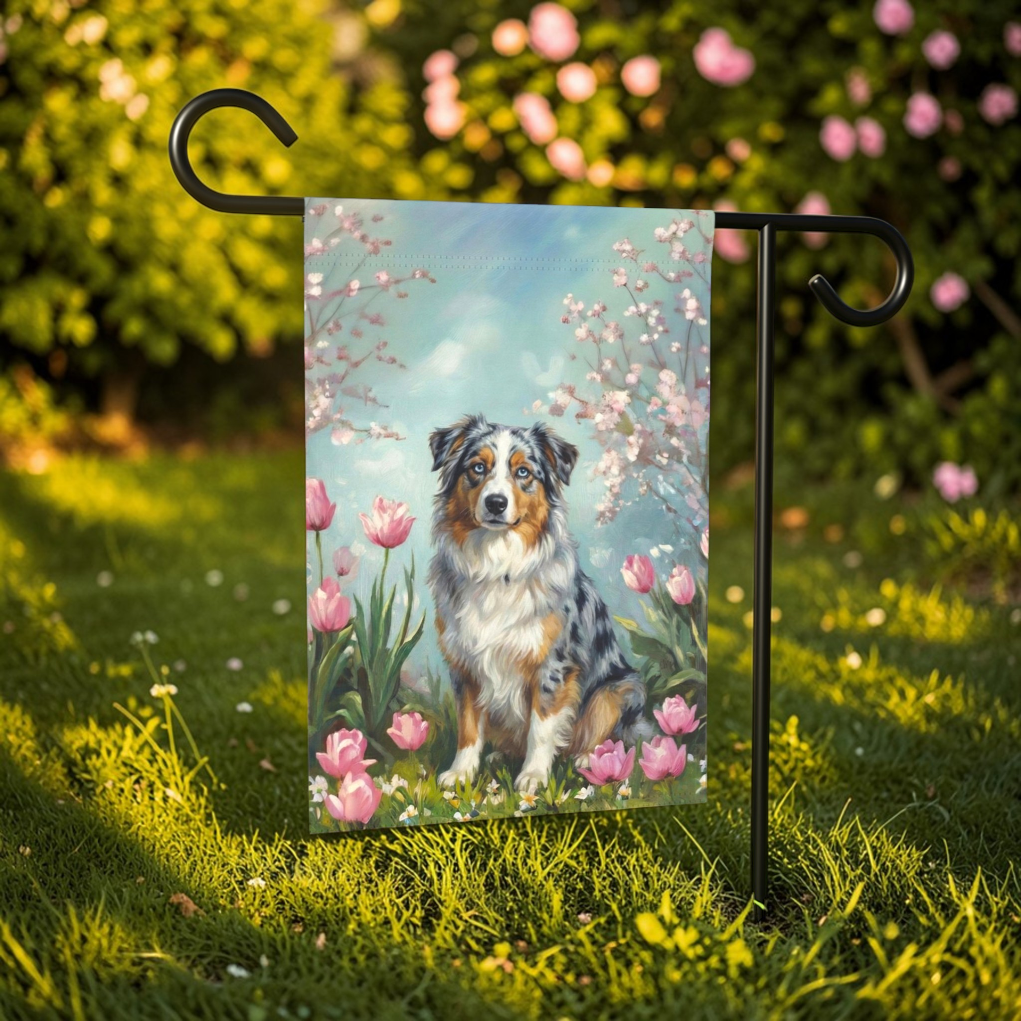 Australian Shepherd In Tulips Garden Flag