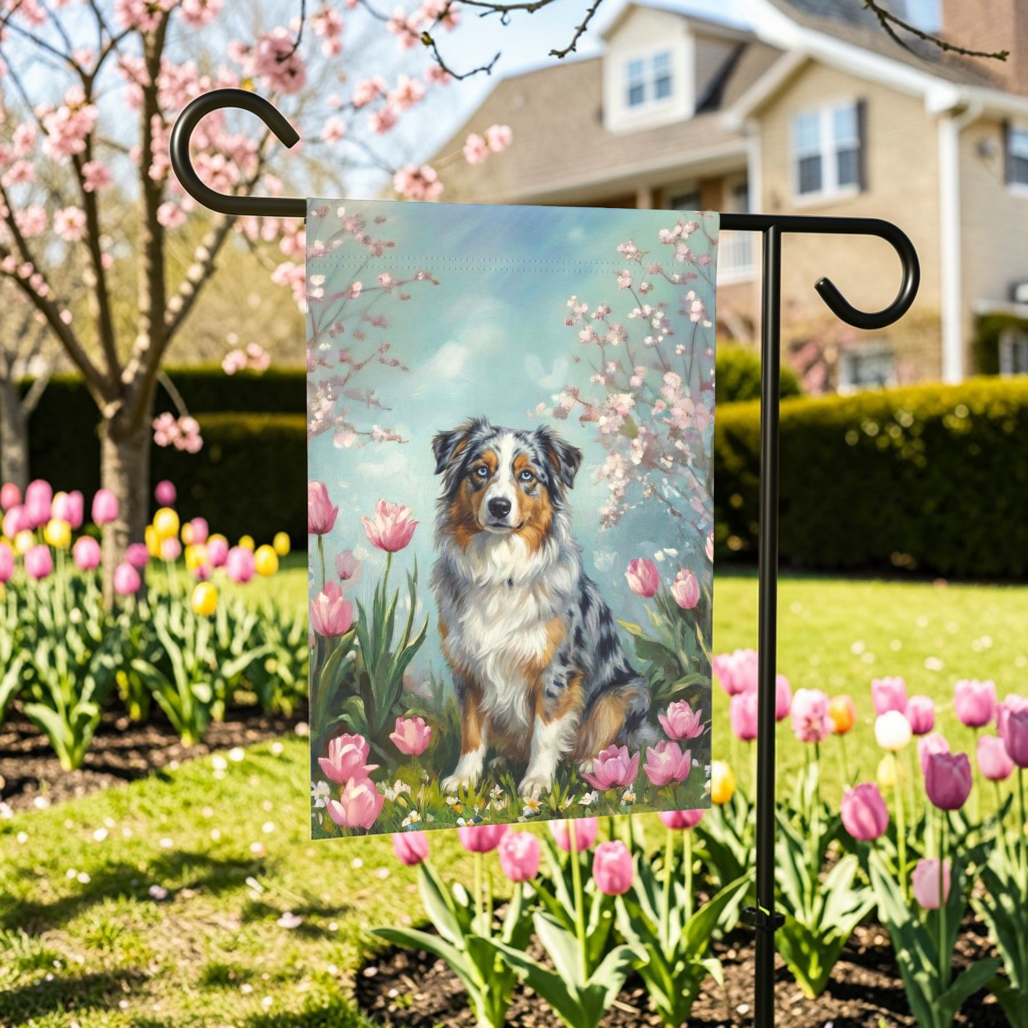 Australian Shepherd In Tulips Garden Flag