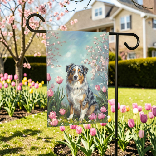 Australian Shepherd In Tulips Garden Flag - front view - Dragonfire Gardens