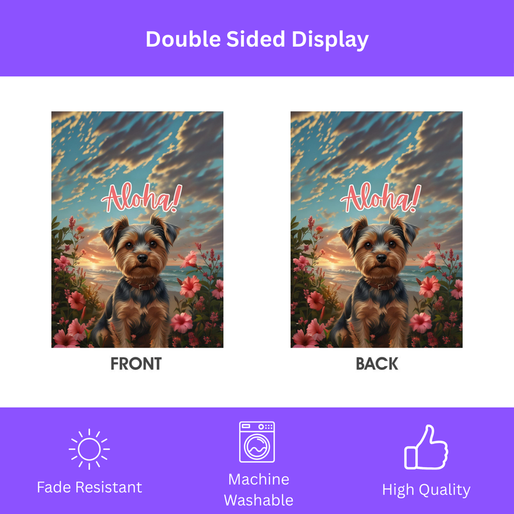 Aloha Yorkshire Terrier Garden Flag - double-sided design - Dragonfire Gardens