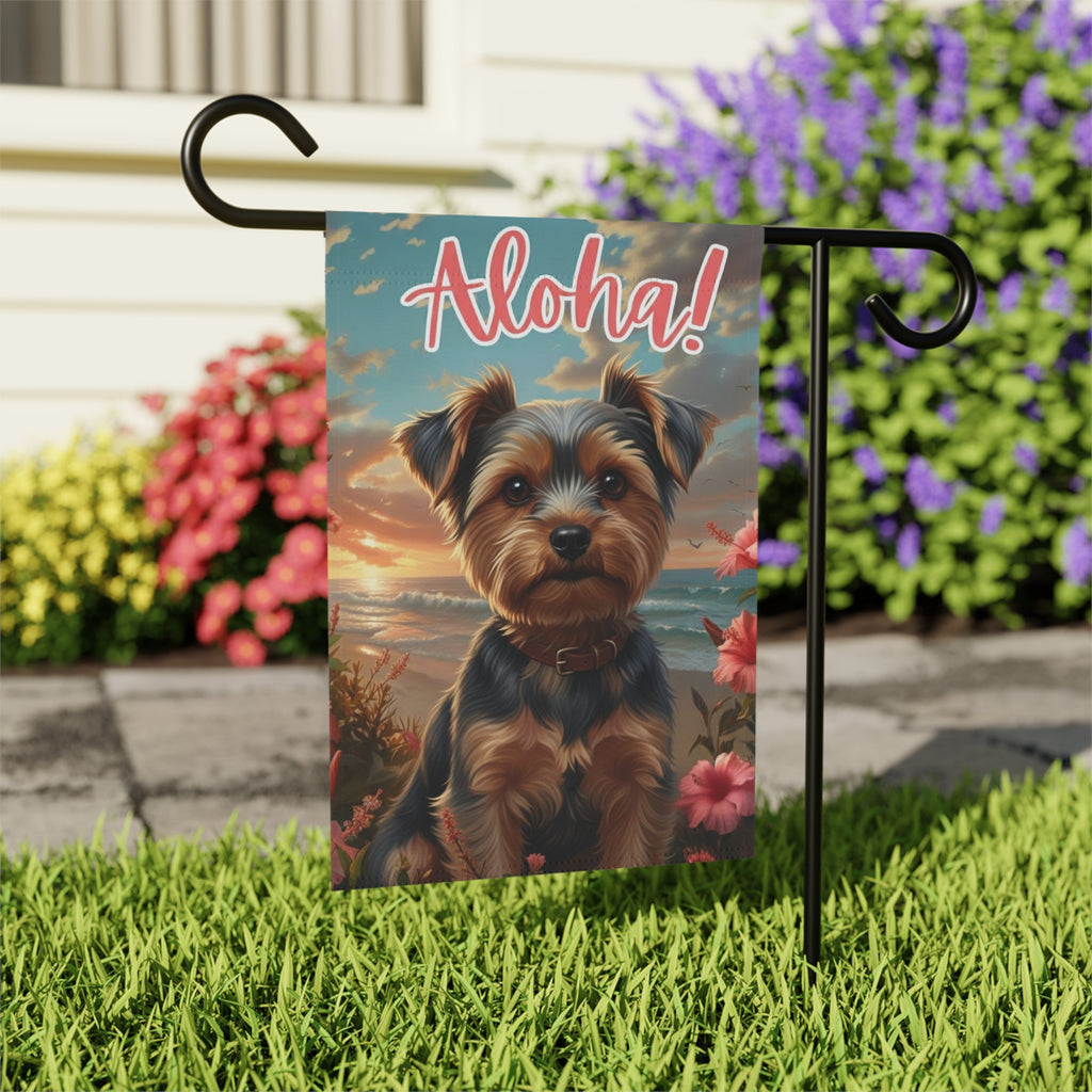 Aloha Yorkshire Terrier Garden Flag - outdoor display - Dragonfire Gardens
