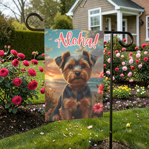 Aloha Yorkshire Terrier Garden Flag - front view - Dragonfire Gardens