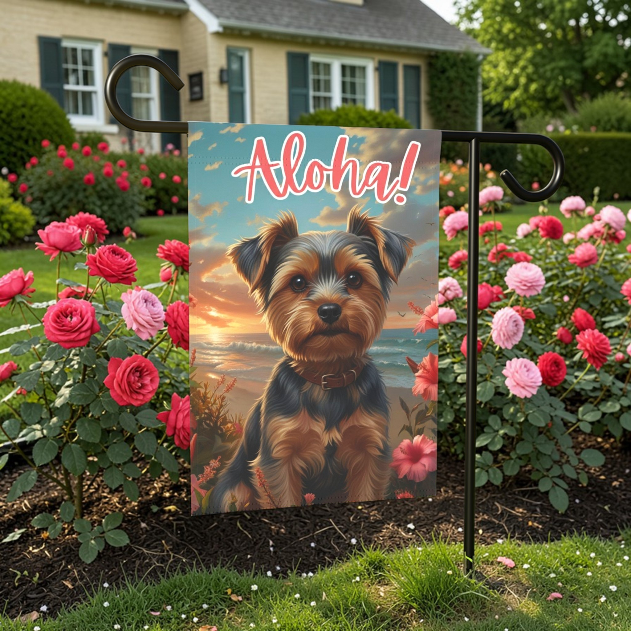 Aloha Yorkshire Terrier Garden Flag - lifestyle display - Dragonfire Gardens
