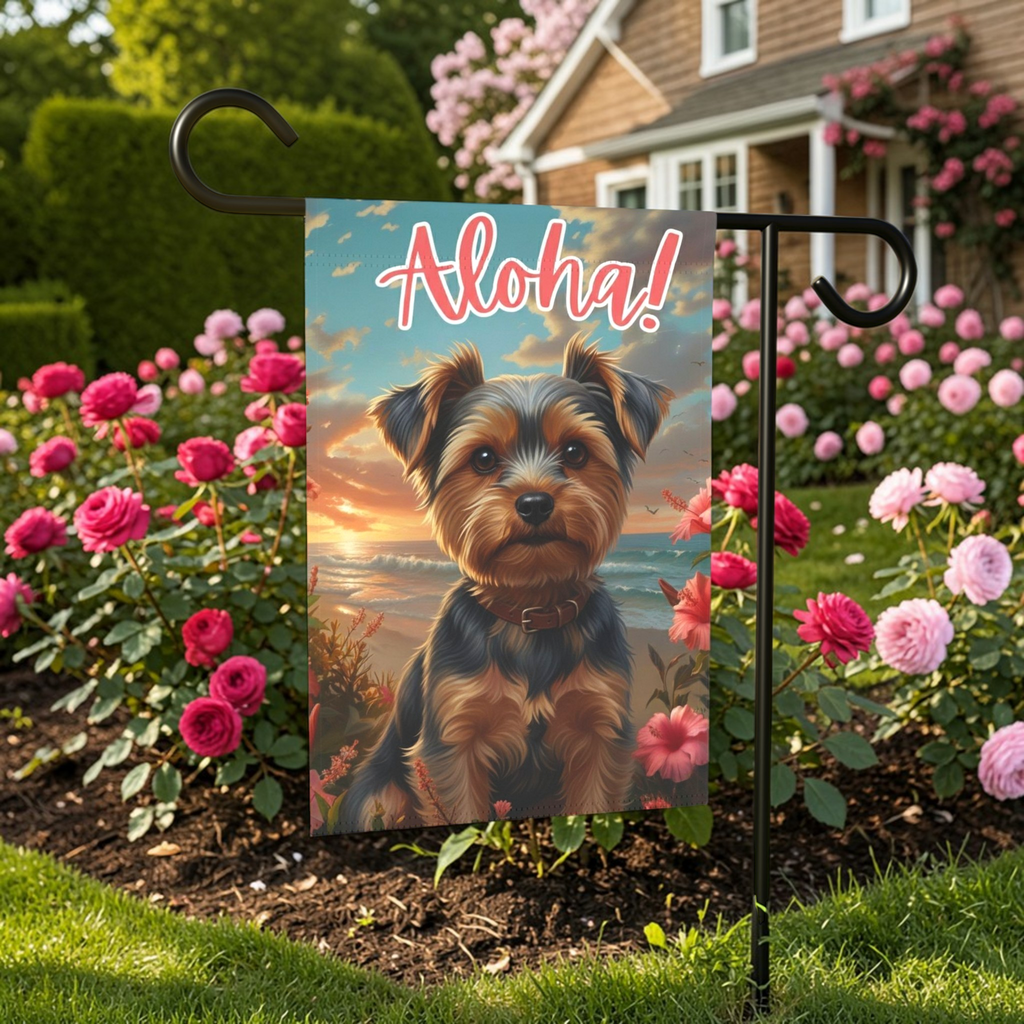 Aloha Yorkshire Terrier Garden Flag - size comparison - Dragonfire Gardens
