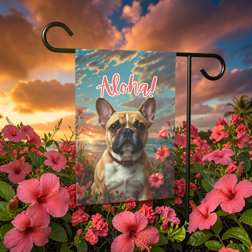 Aloha French Bulldog Garden Flag - size comparison - Dragonfire Gardens
