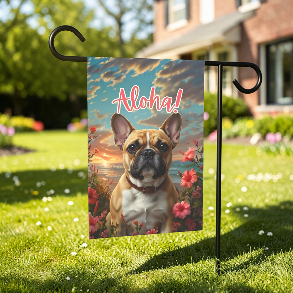 Aloha French Bulldog Garden Flag - lifestyle display - Dragonfire Gardens