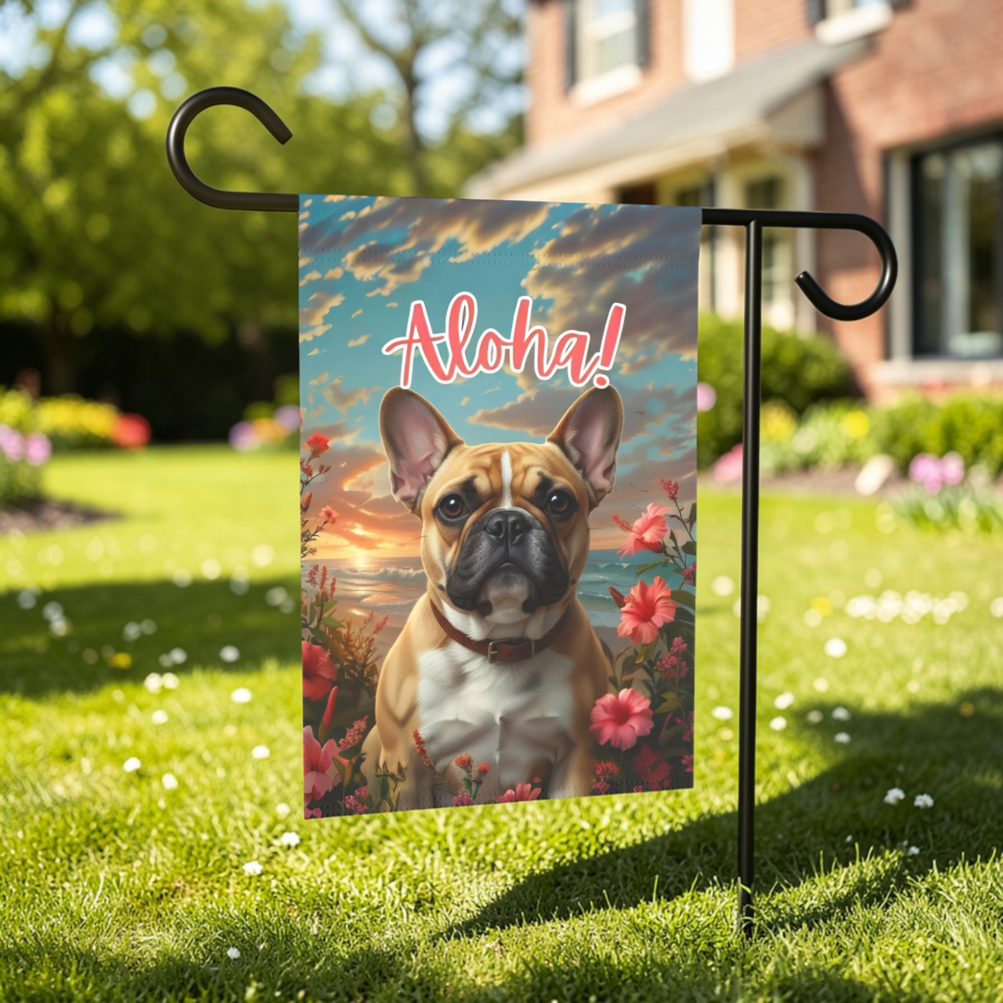 Aloha French Bulldog Garden Flag - lifestyle display - Dragonfire Gardens