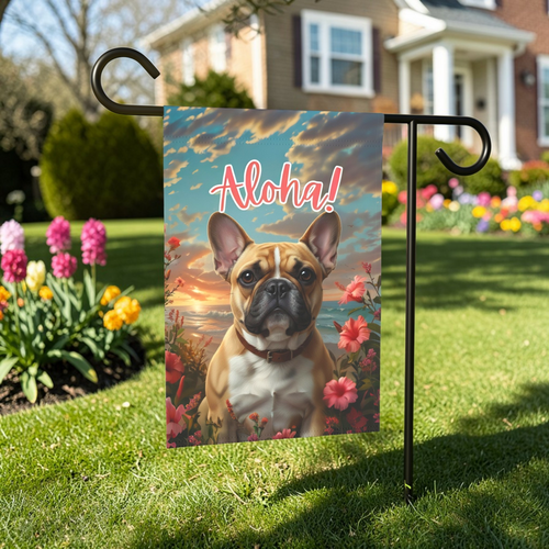 Aloha French Bulldog Garden Flag - front view - Dragonfire Gardens