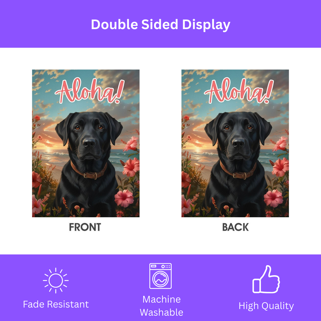 Aloha Black Labrador Retriever Garden Flag - double-sided design - Dragonfire Gardens