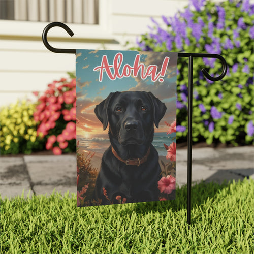 Aloha Black Labrador Retriever Garden Flag - outdoor display - Dragonfire Gardens