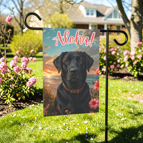 Aloha Black Labrador Retriever Garden Flag - front view - Dragonfire Gardens