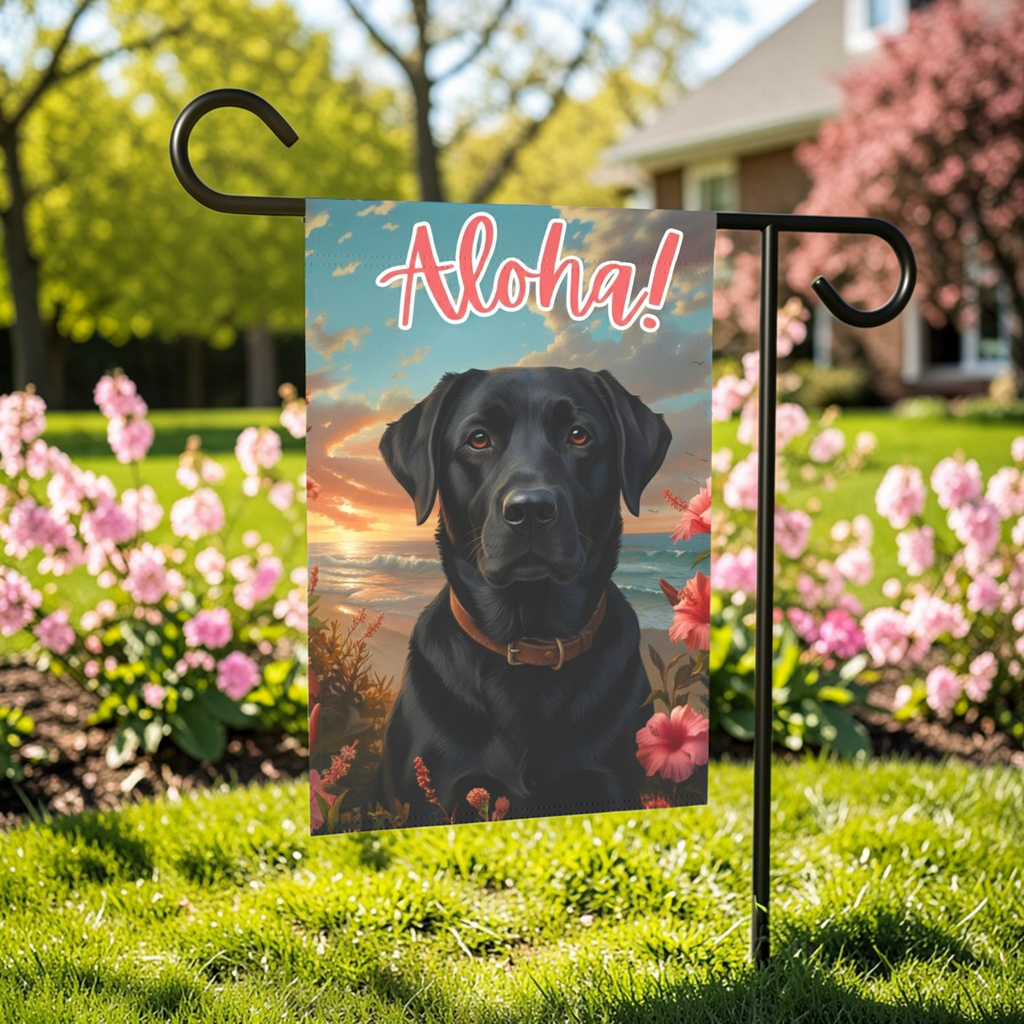 Aloha Black Labrador Retriever Garden Flag - lifestyle display - Dragonfire Gardens