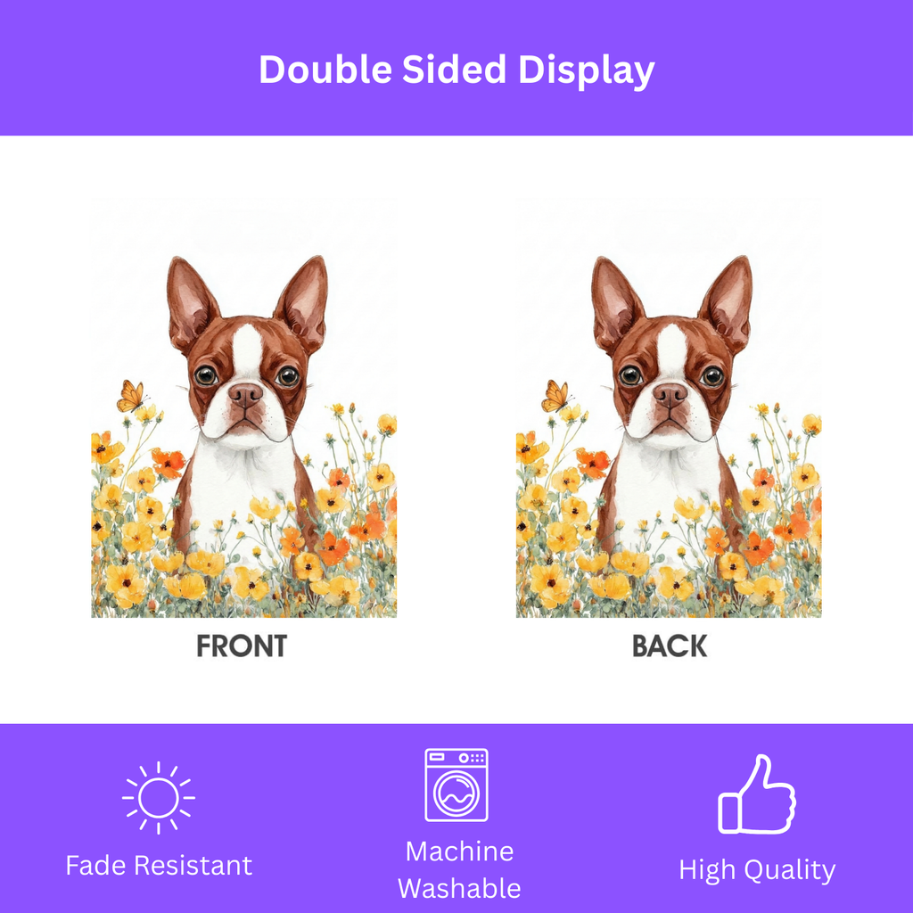 Yellow Poppies Red Boston Terrier Welcome Garden Flag - double-sided design - Dragonfire Gardens
