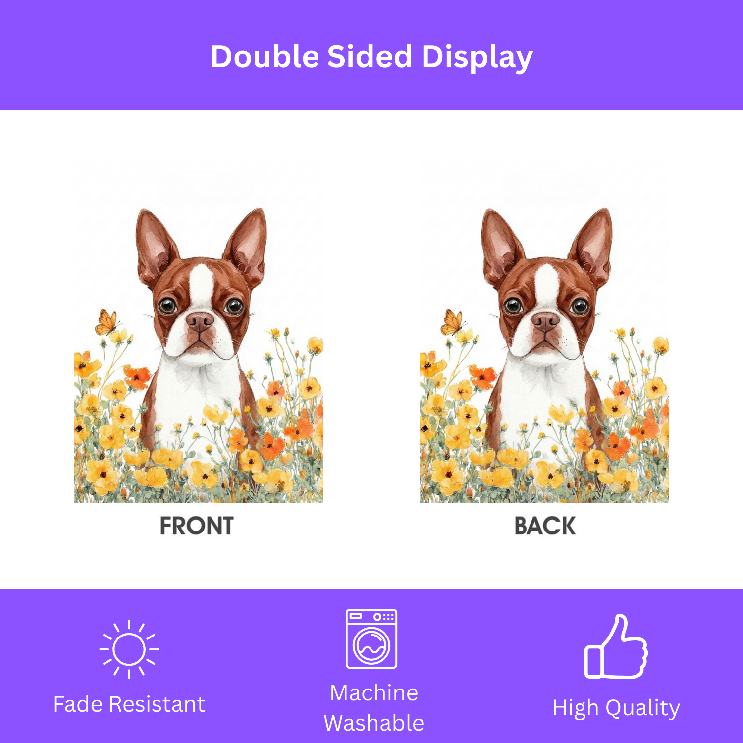 Yellow Poppies Red Boston Terrier Welcome Garden Flag - double-sided design - Dragonfire Gardens