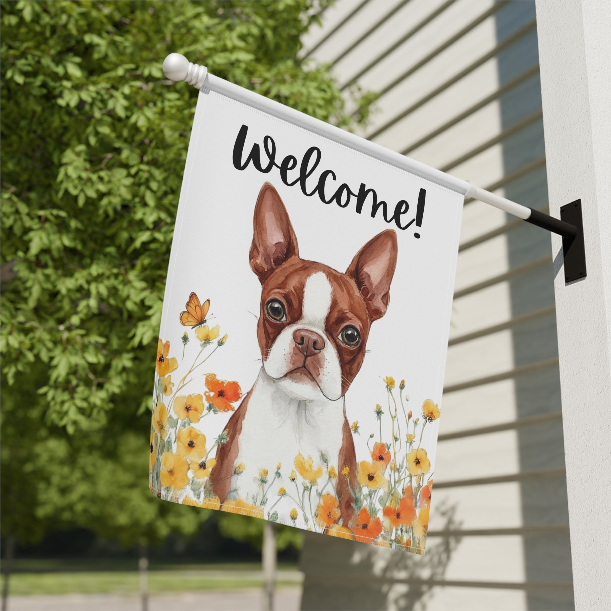Yellow Poppies Red Boston Terrier Welcome Garden Flag - close-up detail - Dragonfire Gardens