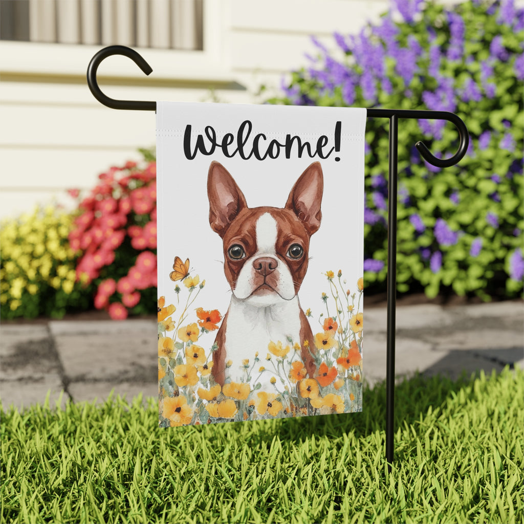 Yellow Poppies Red Boston Terrier Welcome Garden Flag - outdoor display - Dragonfire Gardens