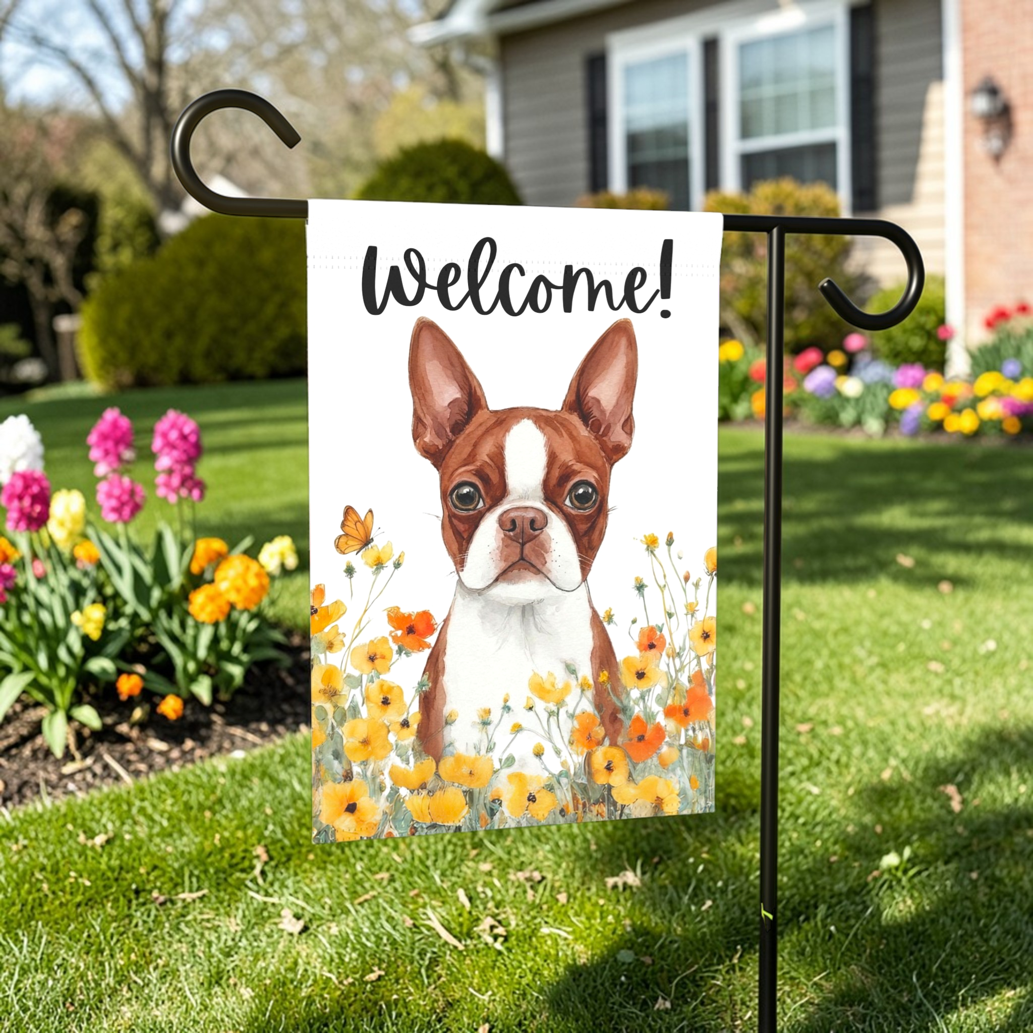 Yellow Poppies Red Boston Terrier Welcome Garden Flag - size comparison - Dragonfire Gardens