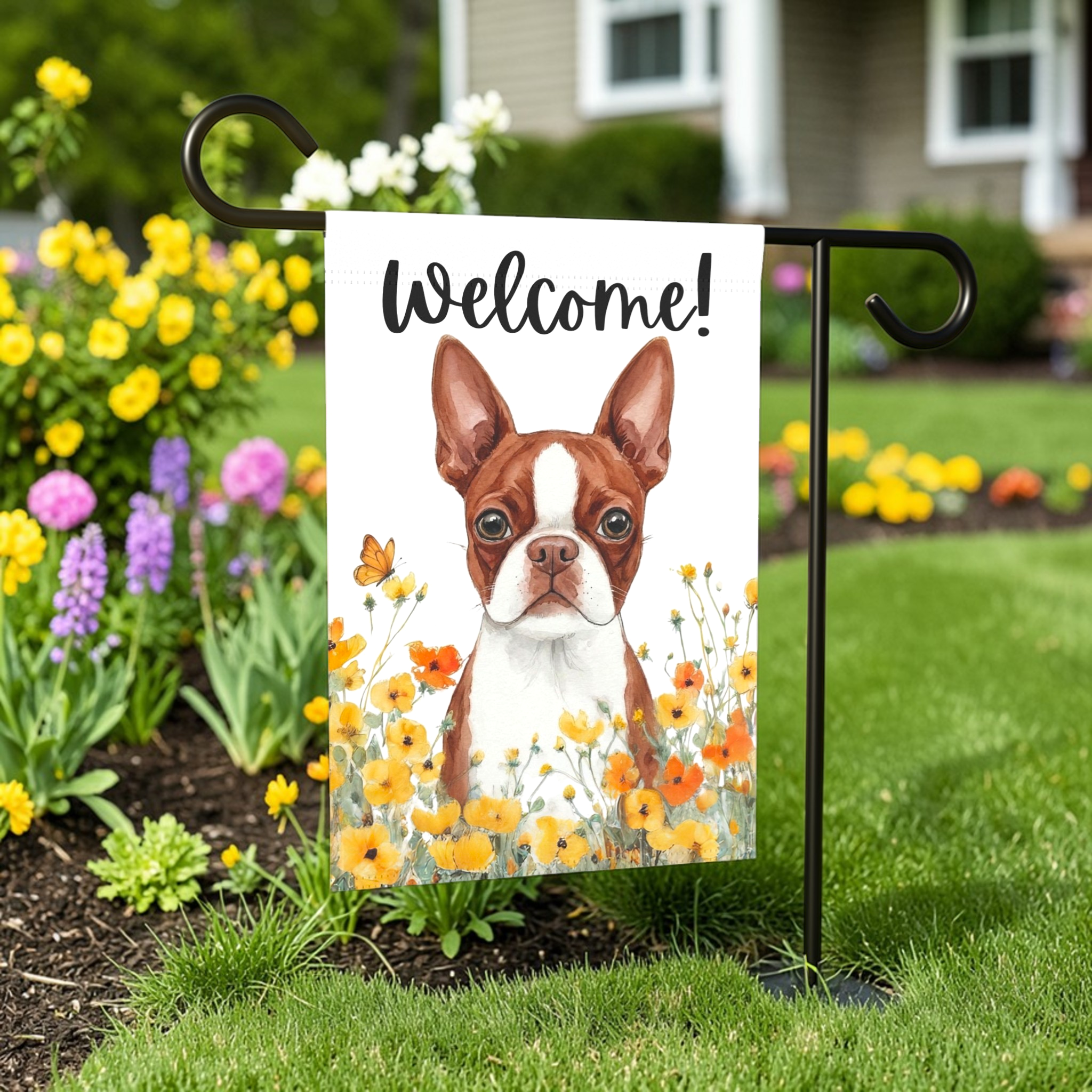 Yellow Poppies Red Boston Terrier Welcome Garden Flag - front view - Dragonfire Gardens