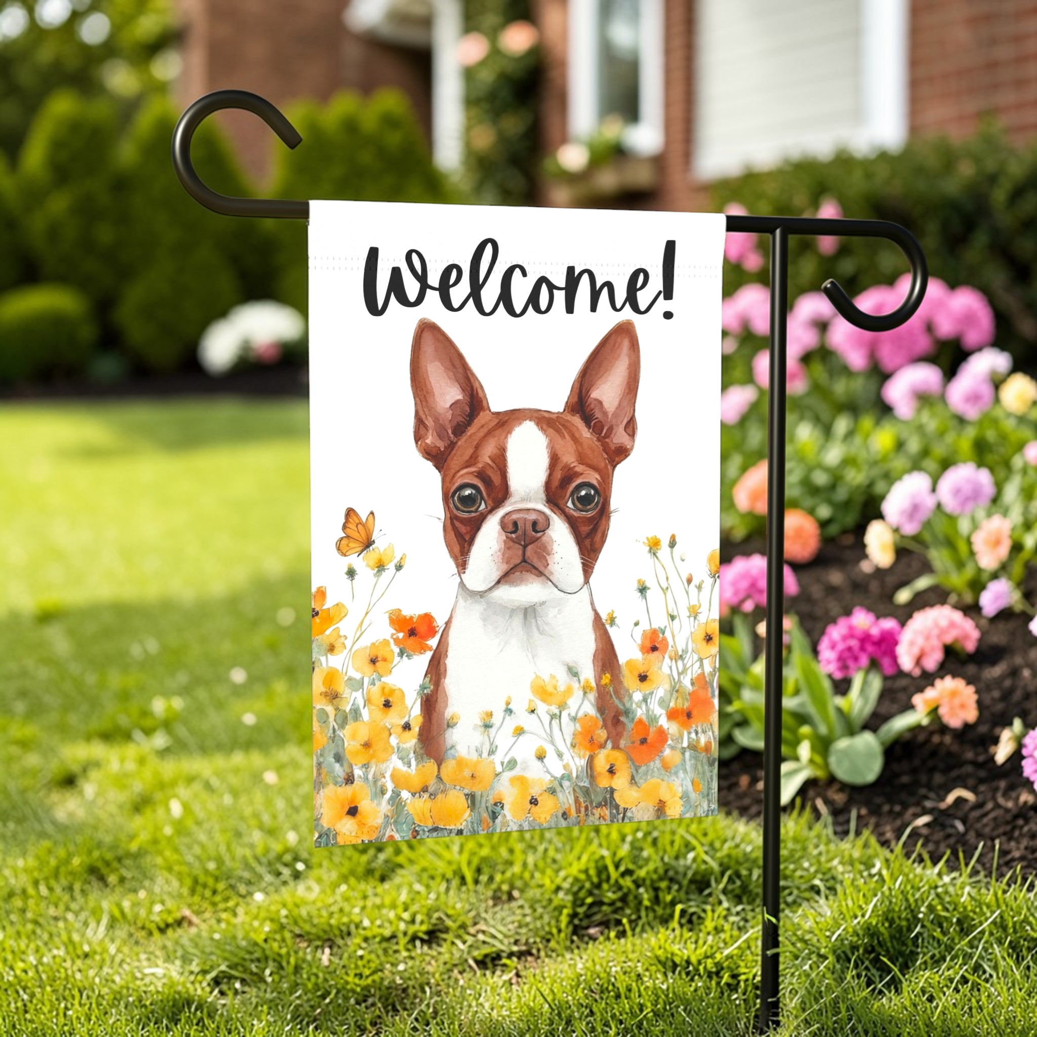 Yellow Poppies Red Boston Terrier Welcome Garden Flag - lifestyle display - Dragonfire Gardens