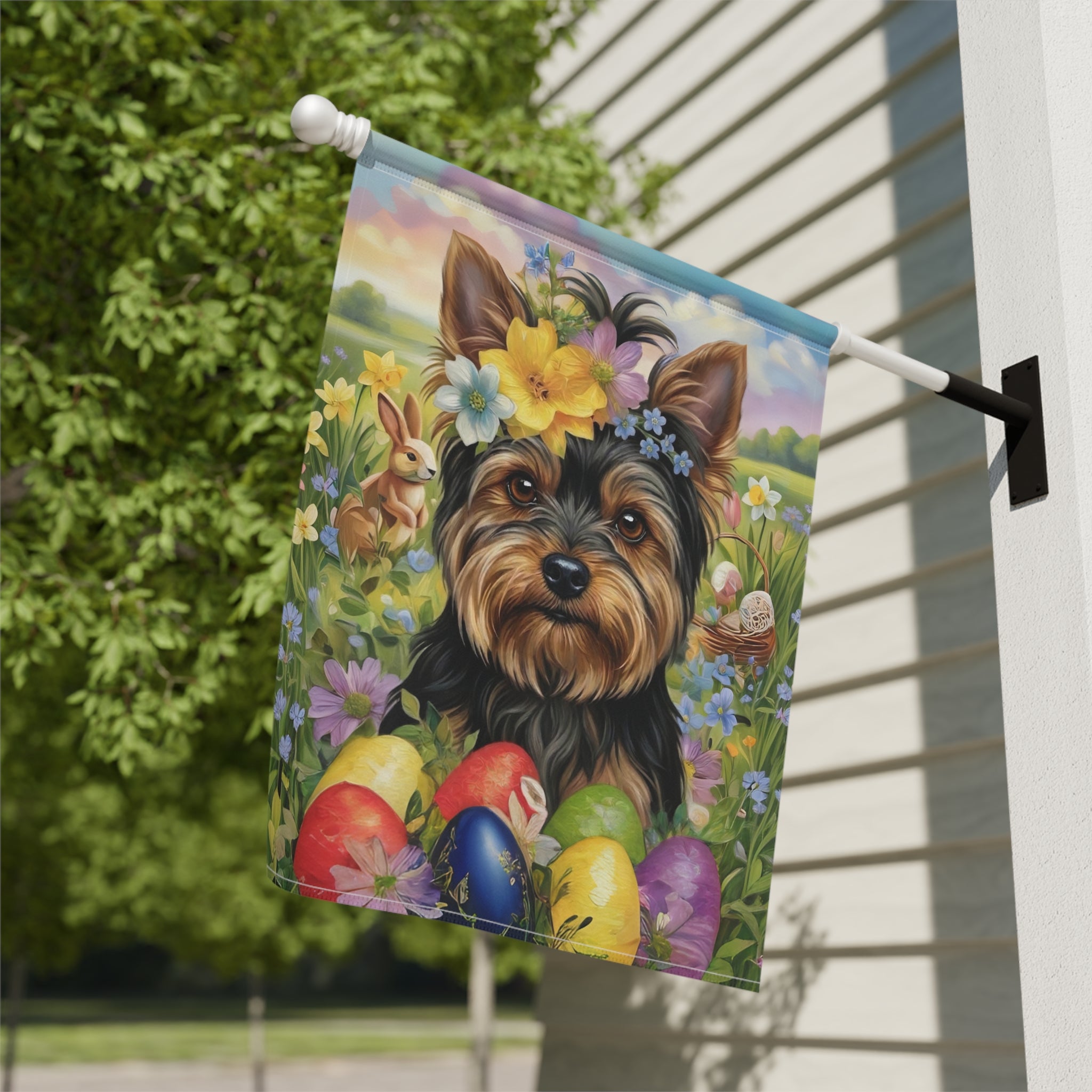 Yorkshire Terrier Flowers and Eggs Easter Garden Flag