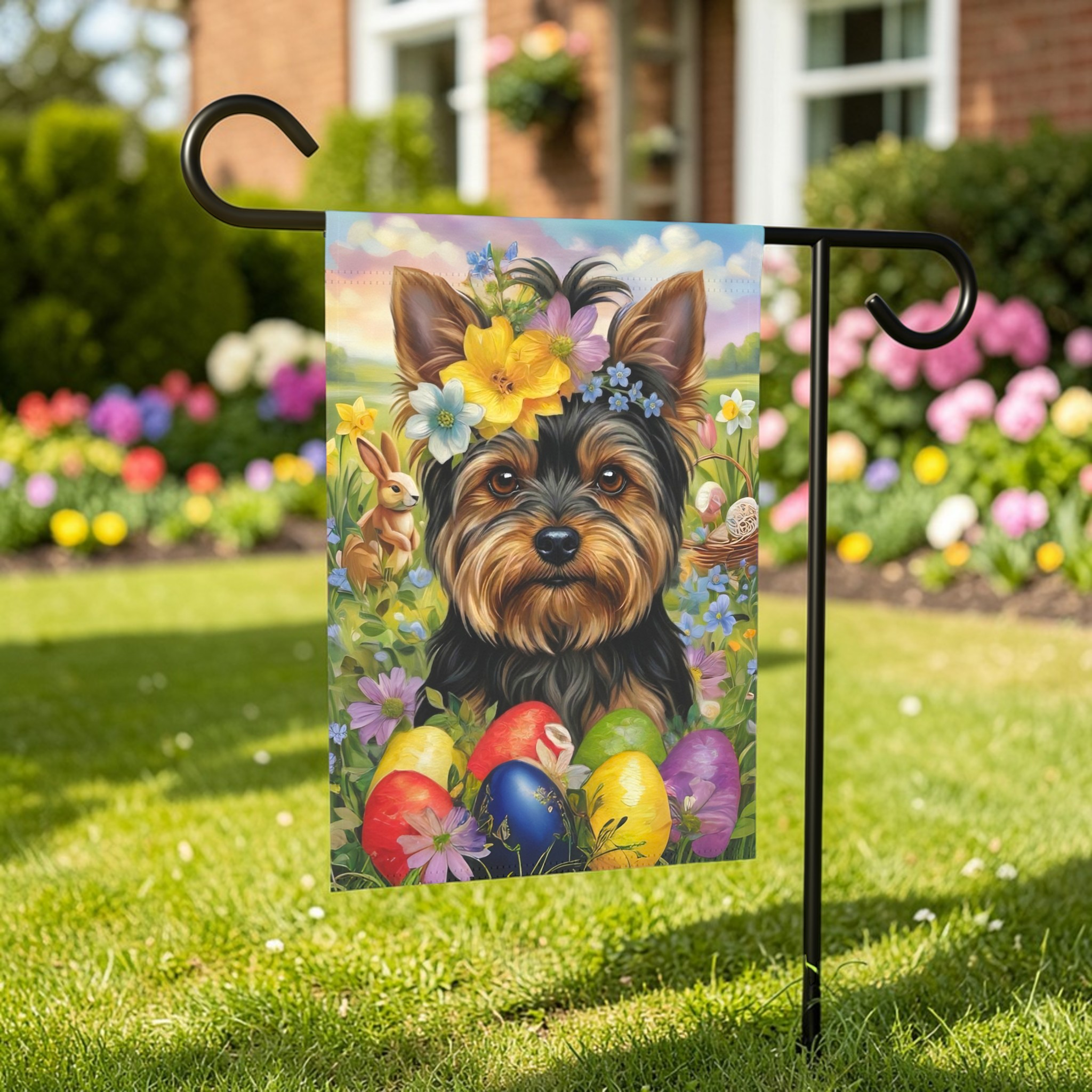 Yorkshire Terrier Flowers and Eggs Easter Garden Flag
