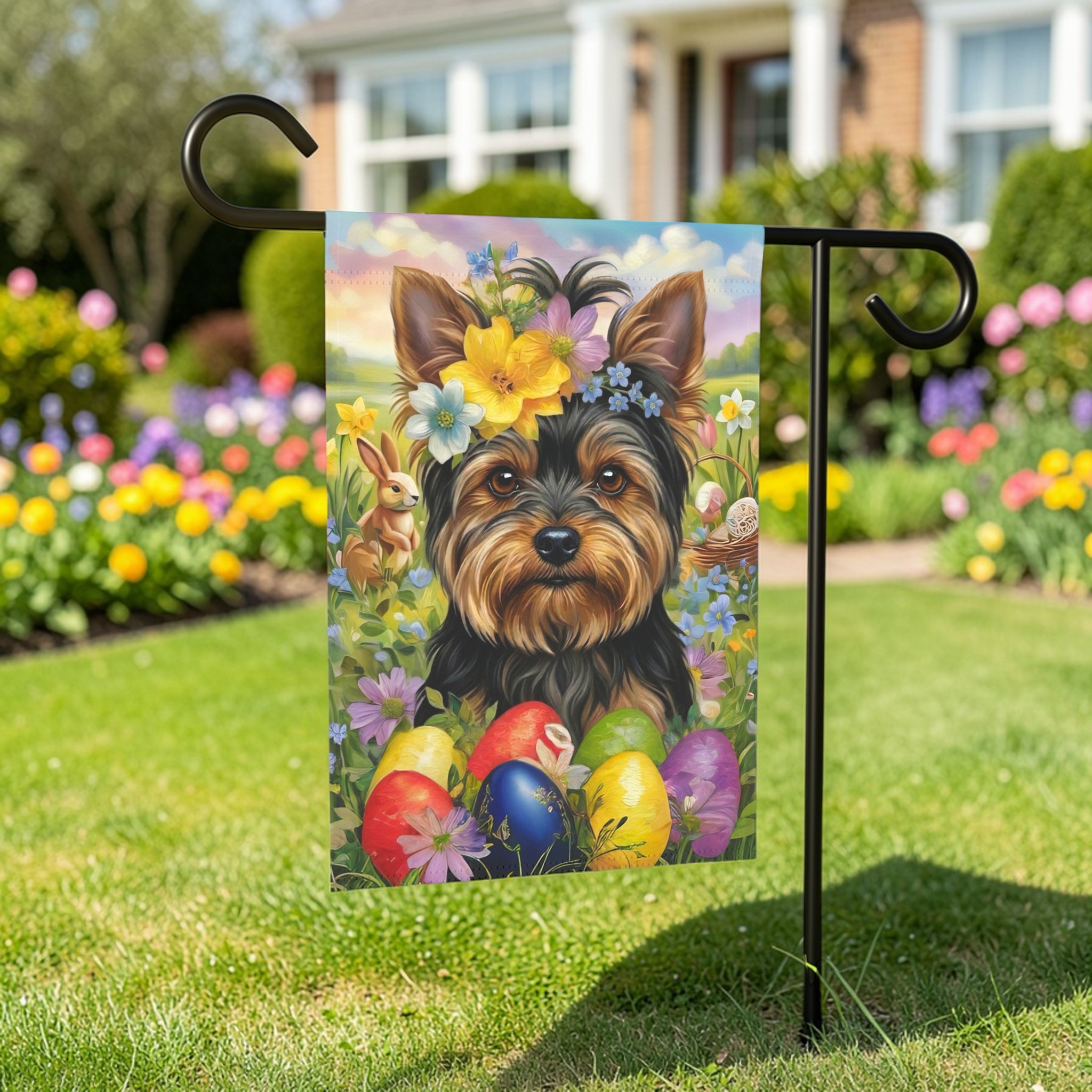 Yorkshire Terrier Flowers and Eggs Easter Garden Flag