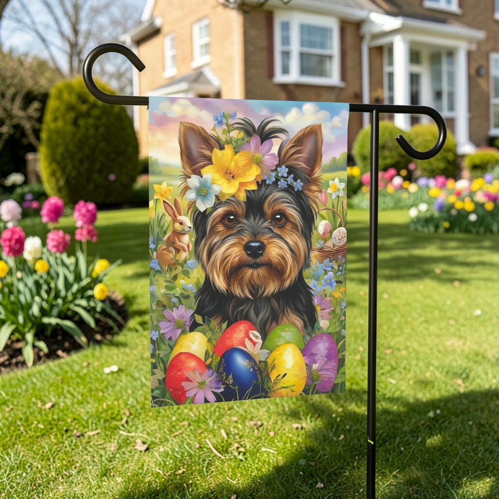 Yorkshire Terrier Flowers and Eggs Easter Garden Flag