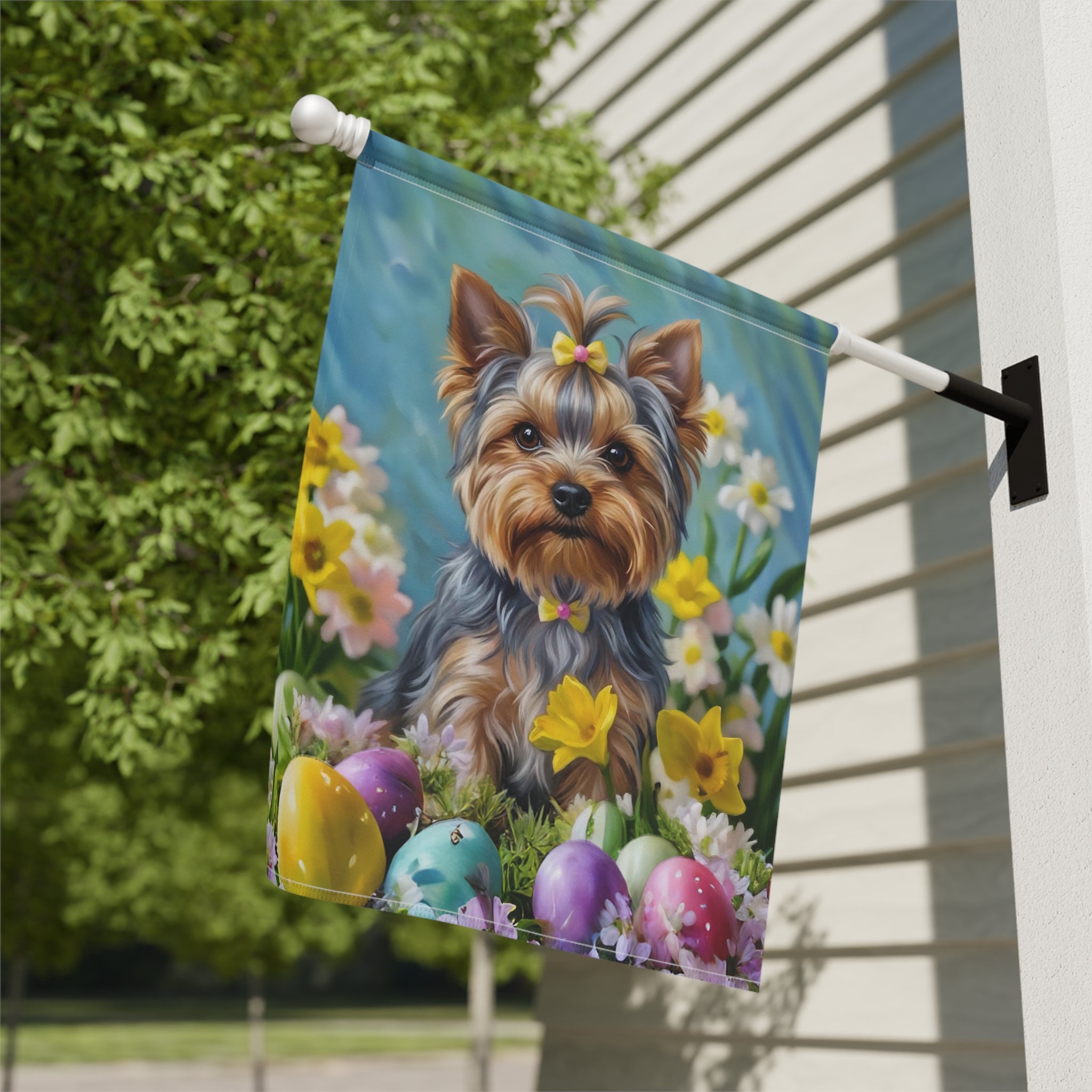Yorkshire Terrier Flowers and Easter Eggs Garden Flag