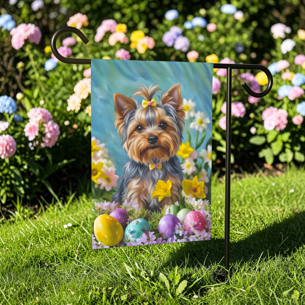 Yorkshire Terrier Flowers and Easter Eggs Garden Flag