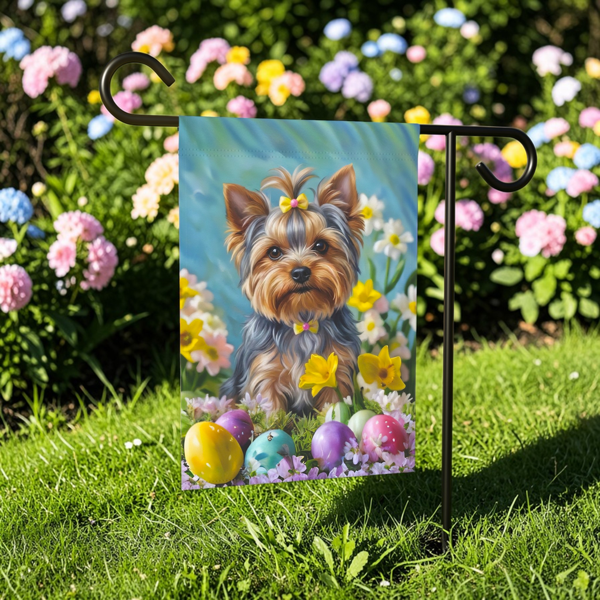 Yorkshire Terrier Flowers and Easter Eggs Garden Flag